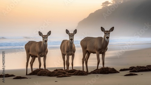 AI generated illustration of white-tailed deer standing on a beach, illuminated by the sun