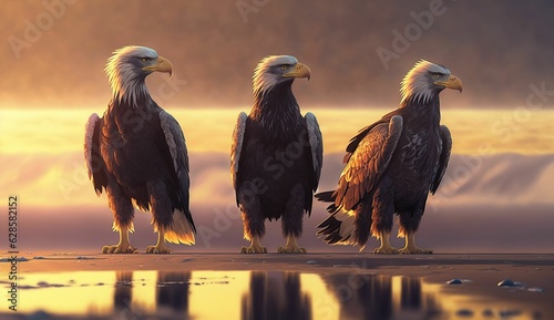 Fotografija AI generated illustration of Three majestic bald eagles perched on a beach