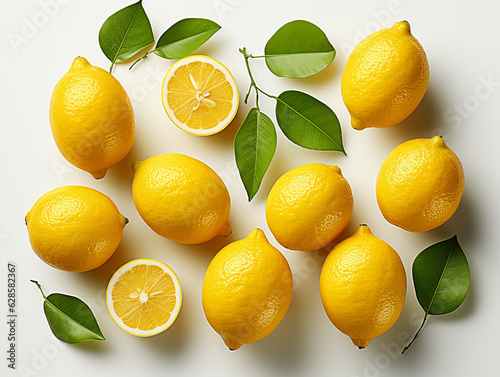 Fresh organic yellow lemon fruit with slice and green leaves isolated on white background.  AI generative illustration