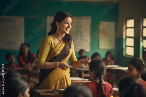 Indian Female Teacher Teaching in a Classroom, Wearing a Saree