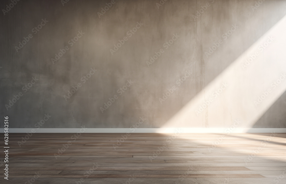 Empty light grey wall with beautiful chiaroscuro and wooden floor. Minimalist background for product presentation, mock up. Generative AI. Empty light grey wall with beautiful chiaroscuro and wooden floor. Minimalist background for product presentation, mock up. Generative AI.