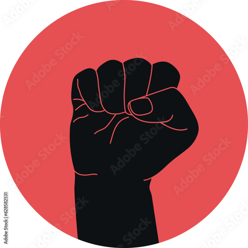 Raised hand with a fist in a red circle isolated on a white background. Vector illustration