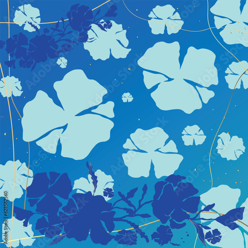 Blue botanical background with flower outline and golden lines and dots. Vector illustration © Mariia