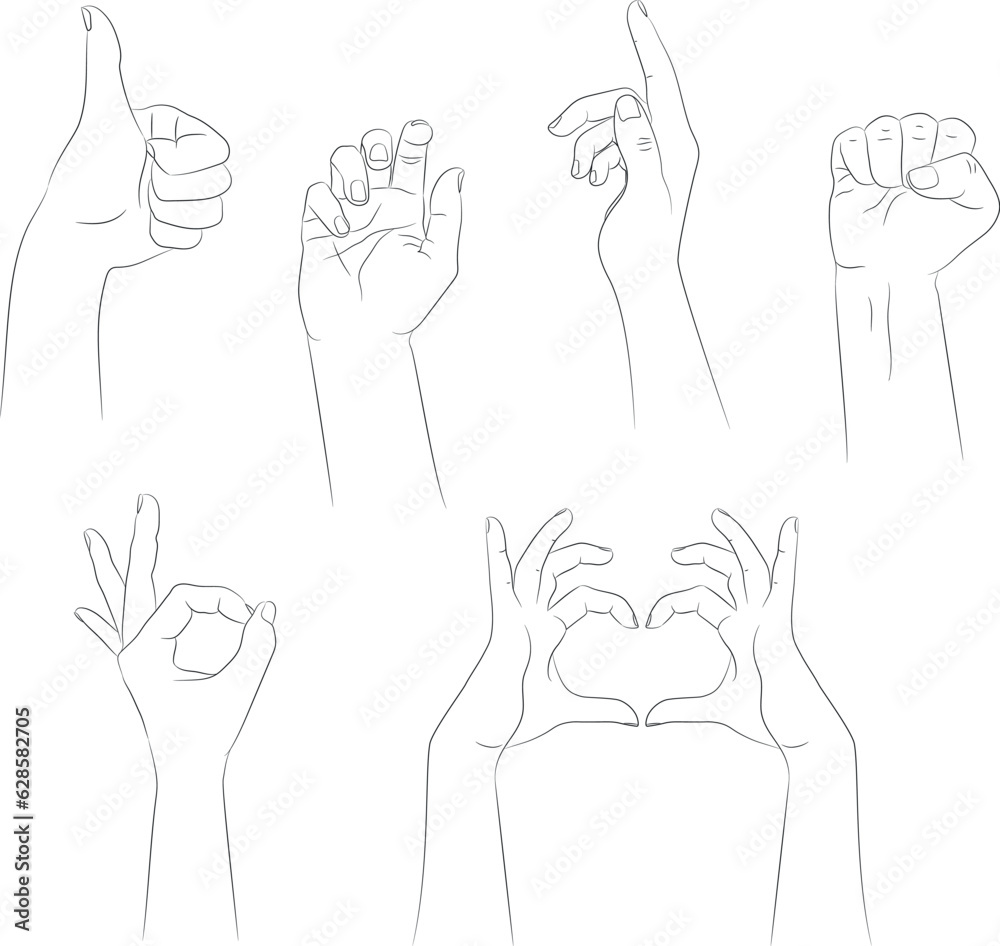 Set of hand drawn human hands with different gestures. Hand outline with an empty contour isolated on white background. Vector illustration Set of hand drawn human hands with different gestures. Hand outline with an empty contour isolated on white background. Vector illustration