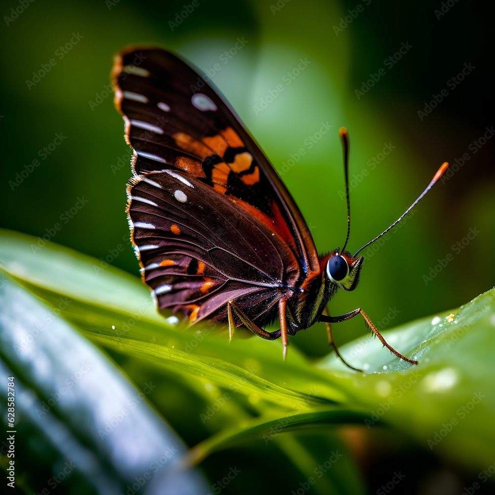 Fototapeta premium AI generated illustration of a brown and red butterfly on top of a green leaf