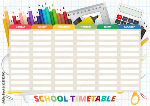 School Timetable vector template, timetable from Monday to Sunday on background with school office supplies.