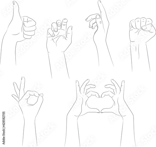 Set of hand drawn human hands with different gestures. Hand outline with an empty contour isolated on white background. Vector illustration