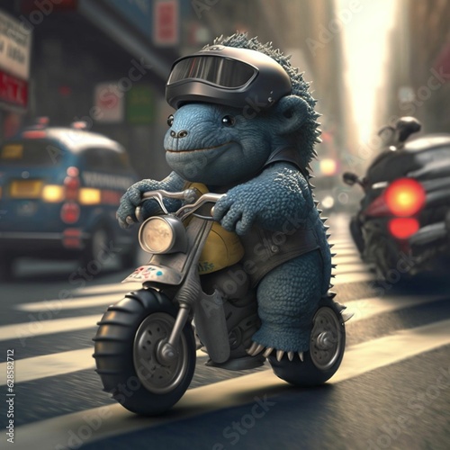 AI-generated illustration of the blue dragon taking a thrilling ride on a motorcycle in the city