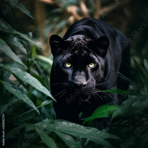 AI generated illustration of A black leopard stands in a lush, vibrant jungle