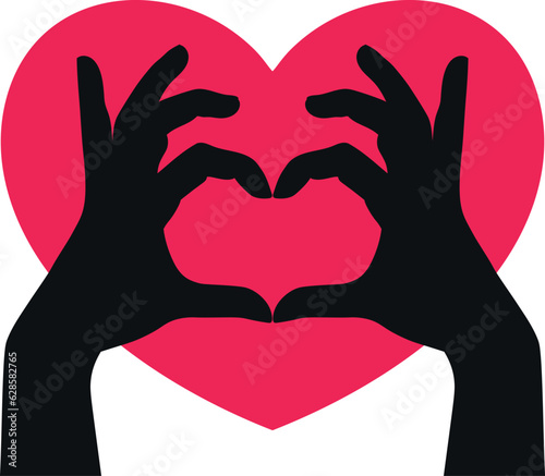Hand drawn hands making heart silhouette with a red heart shape isolated on white background. Vector illustration