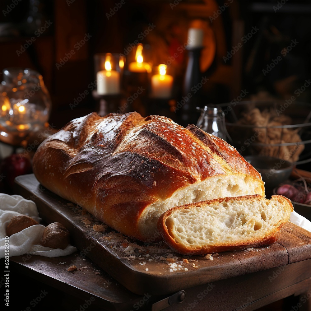 AI-generated illustration of a freshly-baked loaf of bread rests atop a wooden cutting board AI-generated illustration of a freshly-baked loaf of bread rests atop a wooden cutting board