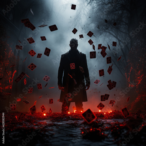 Mysterious man in black throws playing cards for poker. High quality photo
