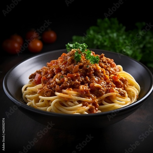 AI generated illustration of a delicious Italian dinner of spaghetti with meat