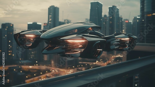 AI generated illustration of A modern, aerodynamic flying vehicle flies high