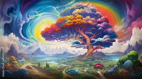 AI generated illustration of a vibrant oil painting of a landscape with a large colorful tree