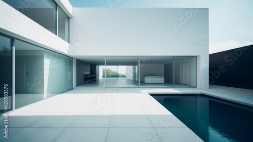 AI generated illustration of a tranquil outdoor pool and a modern house