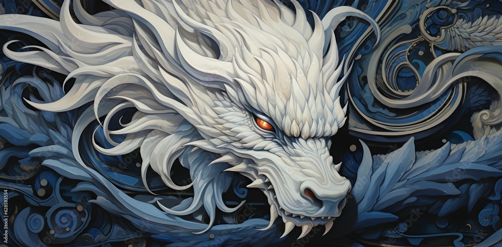 AI generated illustration of a white dragon surrounded by blue and ...
