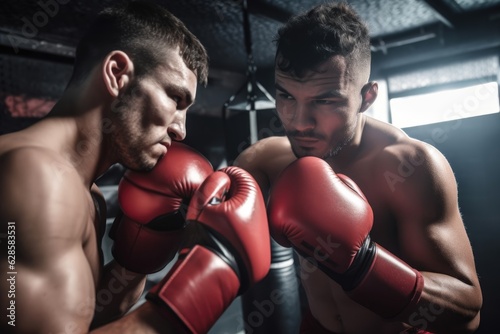 Intense Sparring: Two Men in Red Boxing Gloves Showcasing Lively Action Poses in a Scoutcore Boxing Gym
