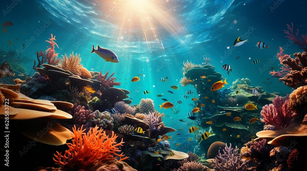 AI generated illustration of an underwater scene featuring a vibrant array of fish swimming