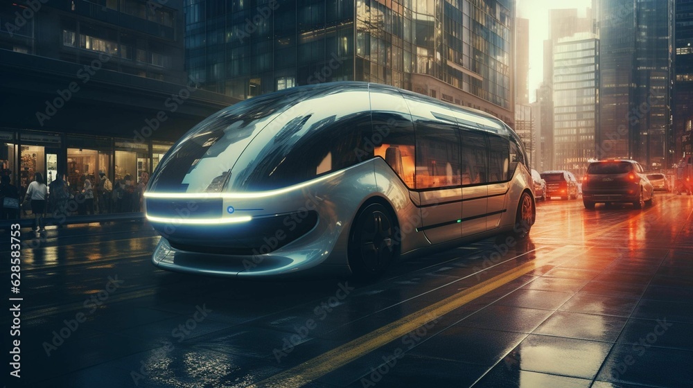 Modern electric bus travelling down a busy urban street. AI-generated. Modern electric bus travelling down a busy urban street. AI-generated.