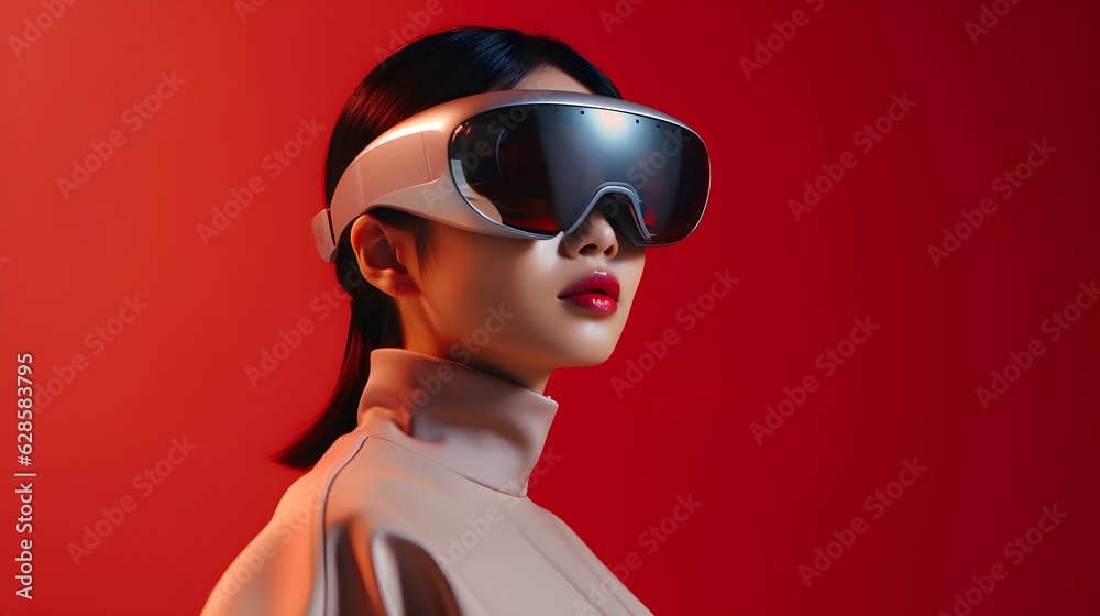 AI generated illustration of a young female in modern VR glasses AI generated illustration of a young female in modern VR glasses