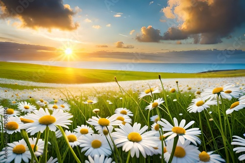 A beautiful, sun-drenched spring summer meadow. Natural colorful panoramic landscape with many wild flowers of daisies against blue sky. AI generated