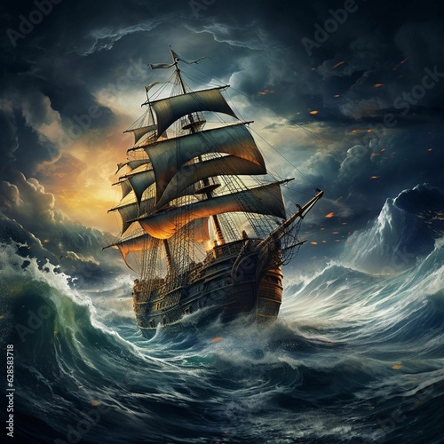 AI generated illustration of a traditional sailing vessel battling against turbulent waves