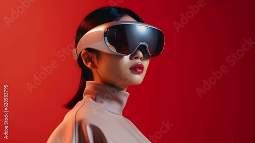 AI generated illustration of a young female in modern VR glasses © Cris337/Wirestock Creators