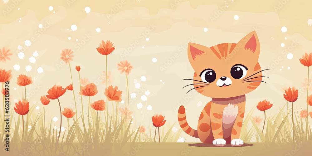 AI generated illustration of a cat surrounded by cheerful flowers in muted tones of orange and beige