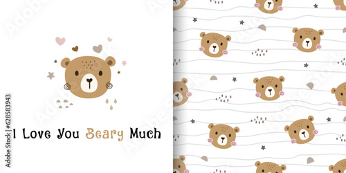 Set of seamless patterns with cute bear. Designs for fabric, textiles, wrapping, print and wallpaper. Vector illustration © LindaAyu