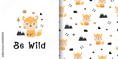 Seamless pattern with cute fox and mountain. Cartoon fox animal background. Design for textile, print, fabric, wallpaper, wrapping. Vector illustration © LindaAyu