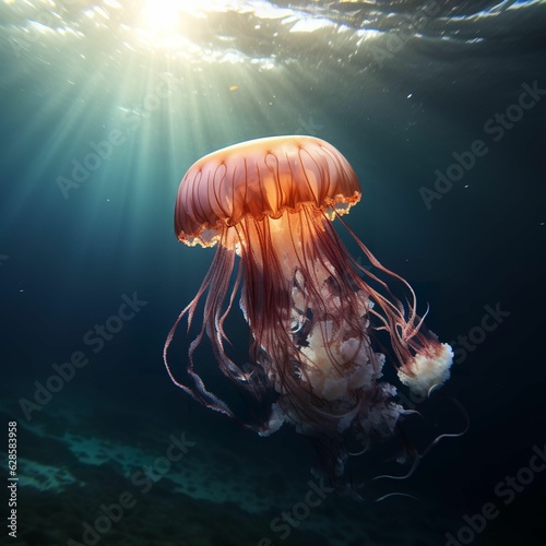 AI generated illustration of a beautiful jellyfish swimming peacefully in a tranquil underwater