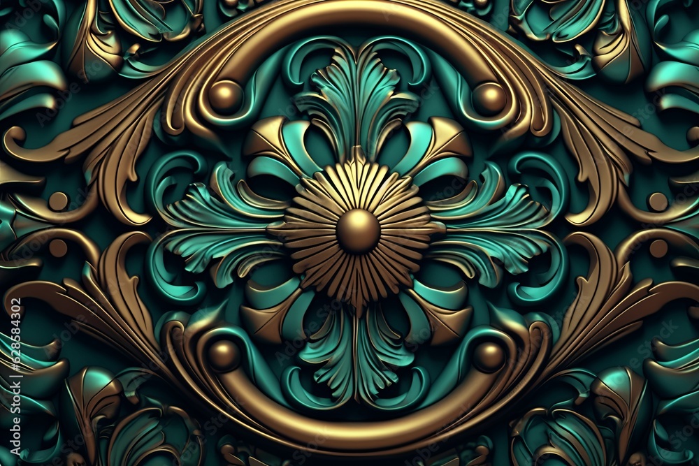 3d rendering of an ornate design on a green and gold background