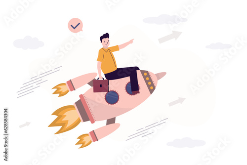 Smart businessman flying on rocket. Success in business and career concept. Startup development, new successful project launch. Entrepreneur riding in right way. Innovation in business