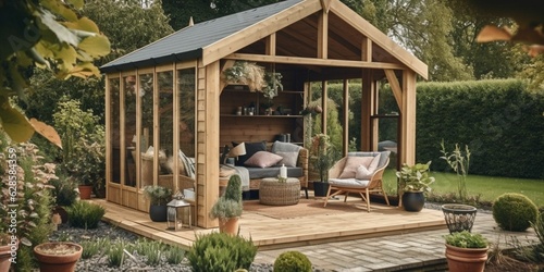AI generated illustration of a wooden gazebo with cushioned seating and lush greenery in the garden photo