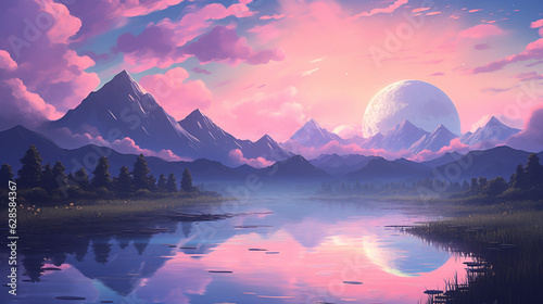 sunrise over the mountains Anime Art Style Nature Environment Concept Art Illustration Background Image. Generative Ai content