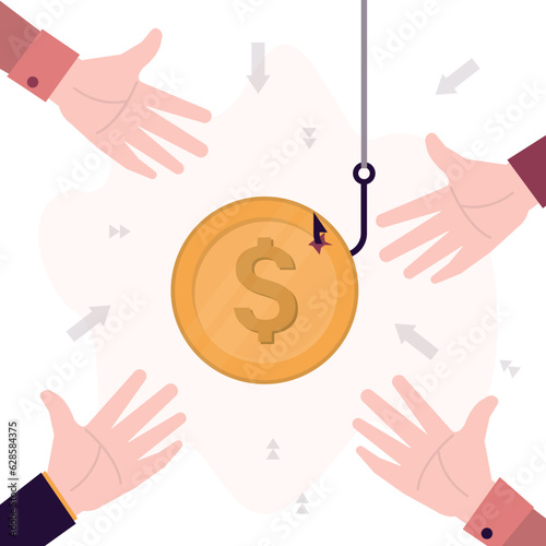 Hands trying to grab the money bait. Golden dollar coin on hook. Money chase. Scam and phishing, online internet piracy.