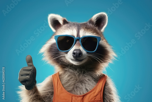 Portrait of a joyful cool raccoon wearing sunglasses and human clothing shows a thumbs up isolated on a flat blue background. 3d render illustration character raccoon mascot.