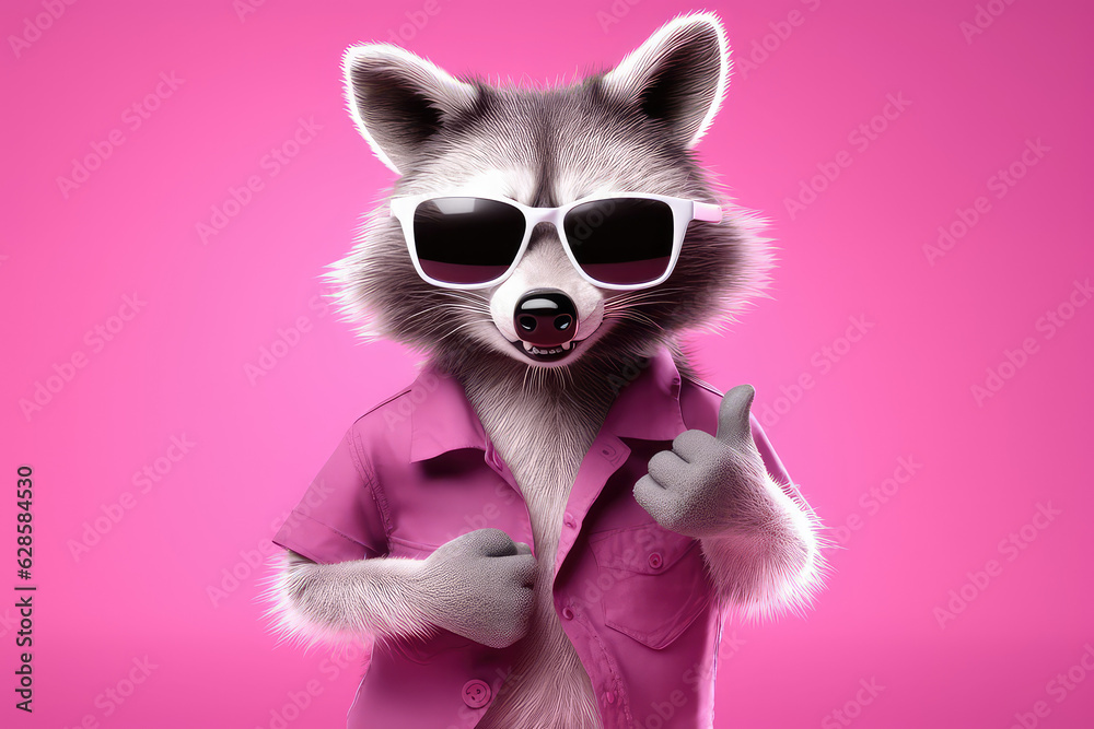 Fototapeta premium Portrait of a joyful cool raccoon wearing sunglasses and human clothing shows a thumbs up isolated on a flat pink background. 3d render illustration character raccoon mascot.