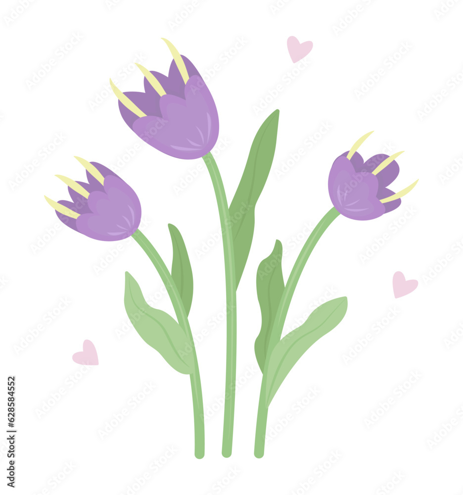 Fototapeta premium Three purple flowers, cute illustration