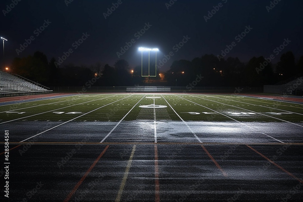 AI generated illustration of An illuminated football field at night in an empty stadium AI generated illustration of An illuminated football field at night in an empty stadium