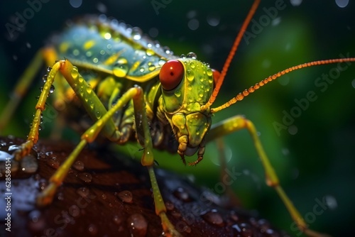 AI-generated illustration of a grasshopper perched on a leafy plant, covered with waterdrops © Drkasch/Wirestock Creators