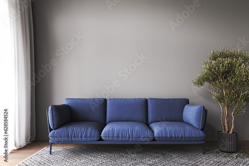 Modern livingroom mockup with dark blue sofa and green plant tree background. Modern rug, picture frame and empty gray wall. 3d rendering. High quality 3d illustration