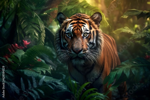AI generated illustration of a Bengal Tiger standing in a green tropical forest