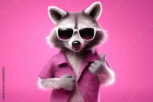 Portrait of a joyful cool raccoon wearing sunglasses and human clothing shows a thumbs up isolated on a flat pink background. 3d render illustration character raccoon mascot.