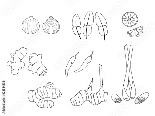 Set of ingredients in Tom Yum Soup, Asia food. Hand drawn outline vector.