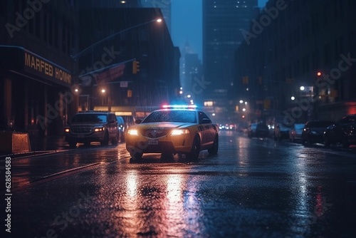 AI generated illustration of a white police car illuminated by street lights © Poppinphotos/Wirestock Creators