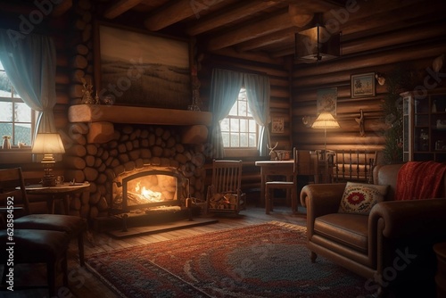 a couch is sitting in a wooden cabin with a fire © Poppinphotos/Wirestock Creators