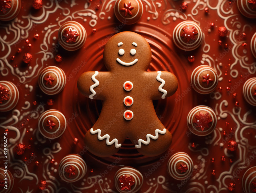 Gingerbread man banner. Festive background with smiling gingerbread man over red background with christmas ornaments. Happy winter holidays concept. Merry Christmas and Happy New Year background