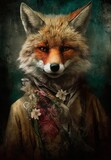 AI generated illustration of a red fox wearing a Japanese kimono on a dark background